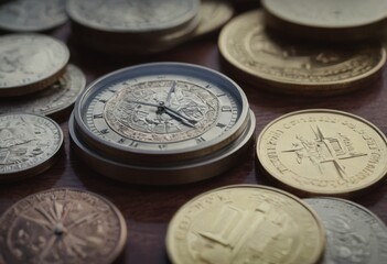 clock and stacks of coins : time - money