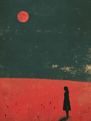 Illustration of a person in front of the Moon. Minimalist aesthetics, concept of beauty of nature and solitude.