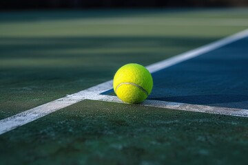 Close up of tennis ball lying on tennis court on sunny day, copy space