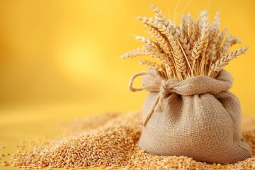 Grain, bag of wheat. Yellow background. The concept is a symbol of the harvest, the food crisis during the war. Import, export of grain. Agriculture.