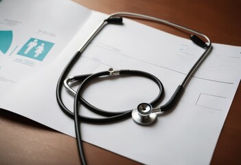 Take out health insurance for family. Stethoscope, paper heart and silhouette of family on wooden background top view