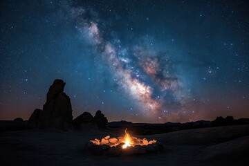 Campground fire, stars and the Milky Way in the California desert