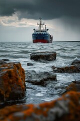 Cargo ship in focus. Rough stone rocks in foreground out of focus. Danger of the ocean. World goods shipping industry. Export and import business. Dark and moody sky and water surface.