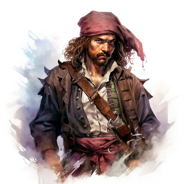 Portrait of a pirate captain with a red hat on a white background. Watercolor illustration.