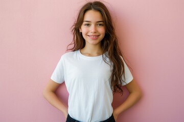 Obraz premium Cute girl showing her design print of her mockup t-shirt