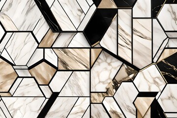 A luxurious wallpaper design consisting of creamy beige marble and dark ebony wood hexagon tiles, each adorned with white and golden accents, crisply divided by contrasting black seams. 8k