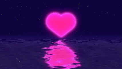 Fotobehang Seamless cartoon animation of pink love heart symbol over the ocean. St Valentines Day vacations holiday gift concept. Video of pink heart symbol in the starry sky above the sea . High quality 4k © Grateful Case