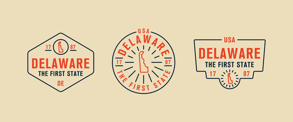 Vector set of vintage logos, emblems, silhouettes and design elements of the state of Delaware, USA.