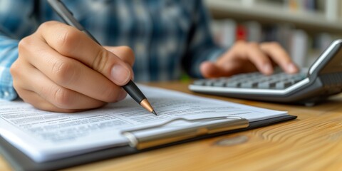 Fototapeta premium Person Writing on a Piece of Paper Next to a Calculator