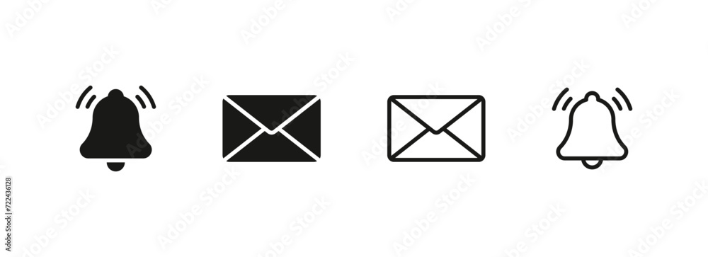 Poster Notification bell icon. Mail envelope icon. Alert alarm icon. Email message icon. Ringing bells icon - Line Outline Web icons set