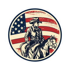 vintage retro distressed American flag badge design featuring a cowboy contour, clear outline, and white background