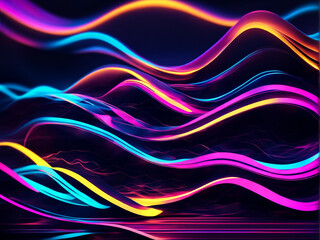 The image is an abstract 3D render of neon wave with flowing lines of rainbow colors.