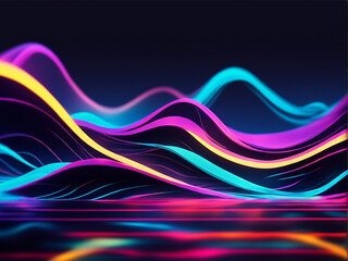 The image is an abstract 3D render of neon wave with flowing lines of rainbow colors.