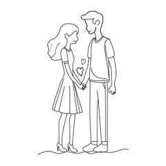 Tall man with short girl simple line art. Young couple in love outline vector illustration.