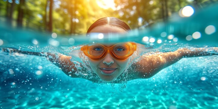 Woman Swimming in Pool With Goggles