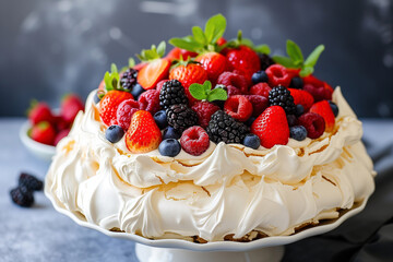 Delicious Pavlova cake with fresh strawberry and blueberry