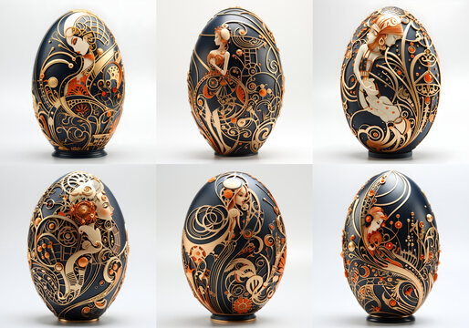A beautiful set of colorful easter egg designs and artwork (Art Deco style inspired by Erte). 6 creative easter egg designs on isolated, white background. 