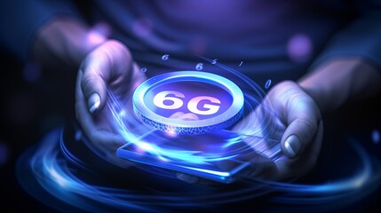 Shining 6g holographic text icon above hands with sleek mobile phone, creating futuristic display