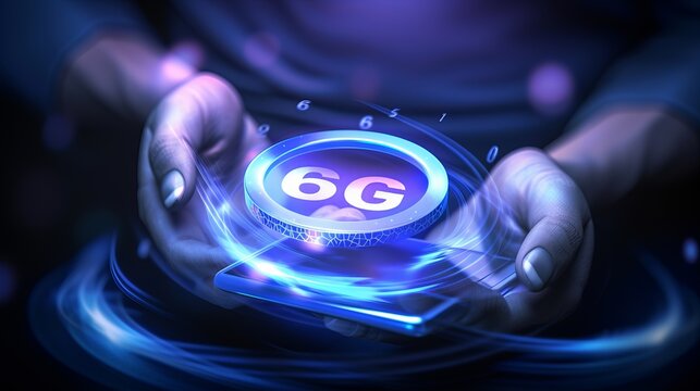 Shining 6g holographic text icon above hands with sleek mobile phone, creating futuristic display