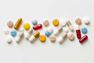 assorted pills scattered on clean white surface, Generative AI