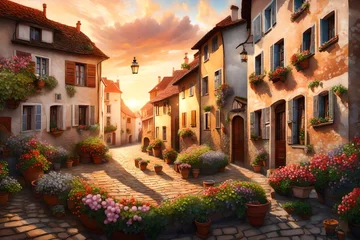 Badkamer foto achterwand A 3D mural depicting a village square at sunrise, with pearl flowers on window sills and streets shimmering in the light. 8k © Muhammad