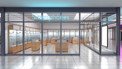 Smartphones store facade with glass storefront and neon signs, empty display showcases inside. 3d illustration