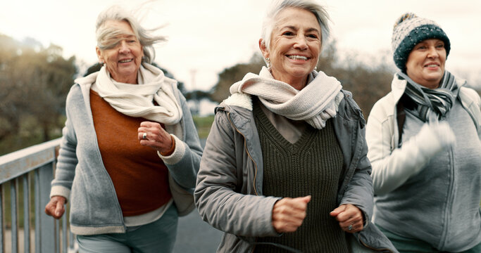 Senior friends, women and walking with fitness, exercise and fresh air with happiness, wellness and health. Female people, mature ladies and group with speed walk, training and energy with freedom