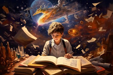 illustration of a boy immersed in a fantastic reading