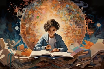 illustration of a child doing homework on a mountain of books.