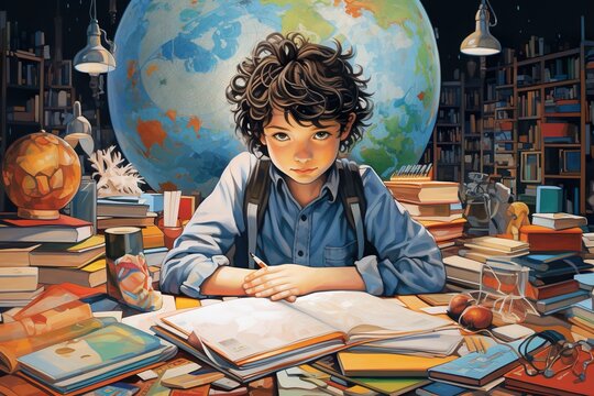 llustration of a serious boy doing homework at his desk, he is surrounded by books and papers