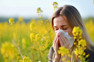 Woman sneezing into a paper tissue. Concept of allergies, colds and getting sick.