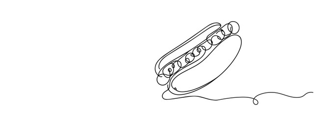 Continuous one line drawing of American hot dog cafe logotype template concept. Fast food hotdog, food market logo emblem. Trendy single line draw design vector illustration