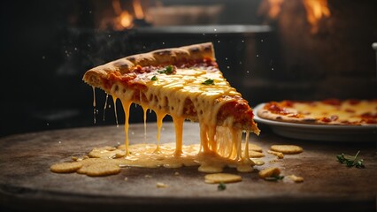 
Indulge your senses in the delectable allure of this mouthwatering image showcasing a tantalizing slice of cheesy pizza. The pizza, a culinary masterpiece, boasts a golden-brown crust, perfectly bake - obrazy, fototapety, plakaty