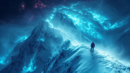 Man climbing a snowy mountain, conquers the summit and encounters a path of glowing particles. Conquering the summit even though the route is not always easy. Artistic and surreal illustration. - obrazy, fototapety, plakaty