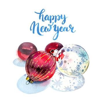 watercolour illustration of balls with calligraphy Merry christmas Happy new year. High quality photo