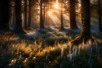 A wallpaper capturing the first rays of sunrise illuminating a European forest, with pearl flowers emerging from the dewy underbrush. 8k