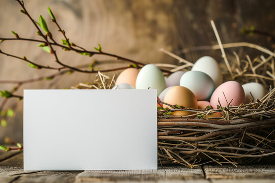 Spring Easter Greeting Card Paper Mock-up with Eggs Basket