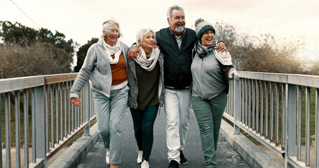 Senior people, fitness group and bridge with laugh, care or walk for training together, health or...
