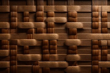 An elegant furniture surface crafted from oak and walnut wood wicker 3D panels, displaying a seamless, high-quality texture. 8k