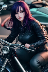 Fototapeta na wymiar Young beautiful woman in black leather jacket on motorcycle.