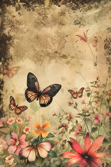 Antique butterfly and bloom print, sepia-toned, versatile art.