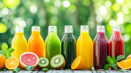 Colorful line-up of various fresh fruit and vegetable juices in bottles against a sunny, natural green background..