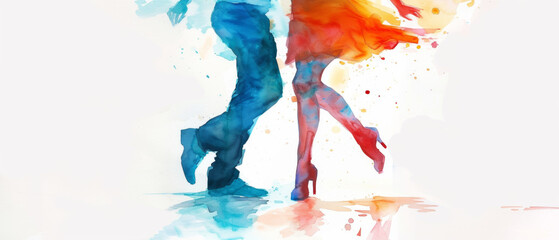 Fototapeta premium Concept for International Dance Day, April 29. Watercolor of two dancers. White background and space for text.