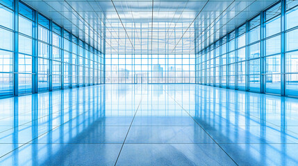 Obraz premium Modern Business Window Light Architecture, Interior Hall Blue Corridor Empty, Inside Building Office Design Floor, Reflection Glass Wall Construction Indoor, Perspective Urban Room Technology