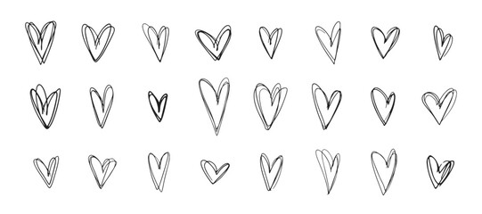 Fototapeta na wymiar Set of messy outline brush stroke textured black hearts frames for Valentines day greeting cards and banners design, romantic decoration
