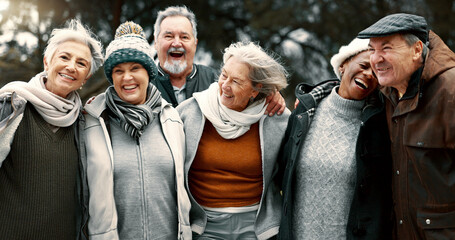 Happy, portrait and senior friends in a park while walking outdoor for fresh air together. Diversity, smile and group of elderly people in retirement taking picture and bonding in a forest in winter. - Powered by Adobe
