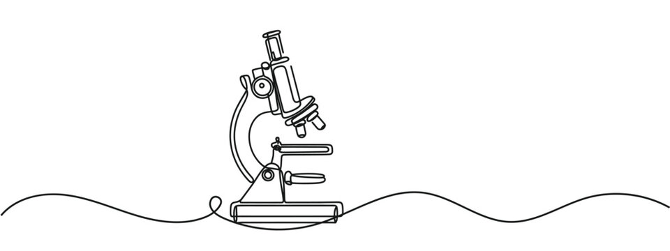recommend clip art: One continuous line. Microscope. Scientific instrument. Flat minimal icon. One continuous line on a white background.