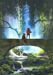 A man and woman standing on a stone bridge against the background of a sacred tree., digital art style, illustration painting