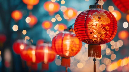  Chinese red lantern at night, Chinese New Year, generative ai © chechotkin