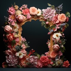 A composition of flowers, plants, floral pattern, leaves in the form of a frame on a black background. Background for the template of a postcard, invitation, flyer. Realistic style.